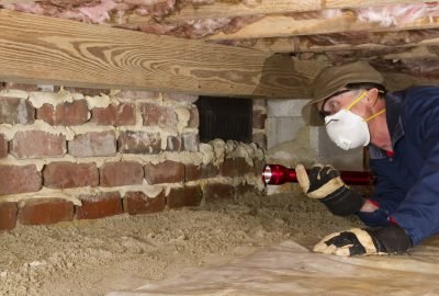 Termite inspector in residential crawl space inspects a foundation for termites.
